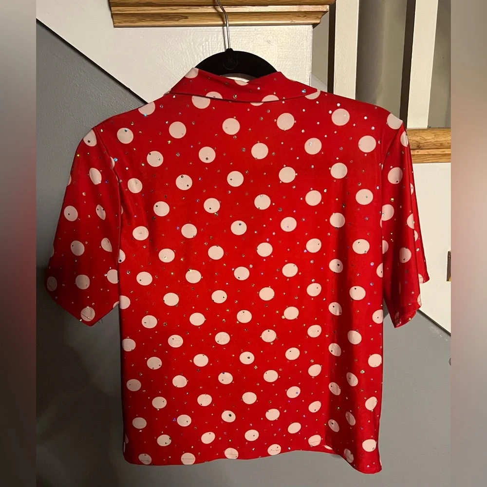 Choo Choo Guy Red Polka Dot Dance Top and Navy Pants, Small Adult